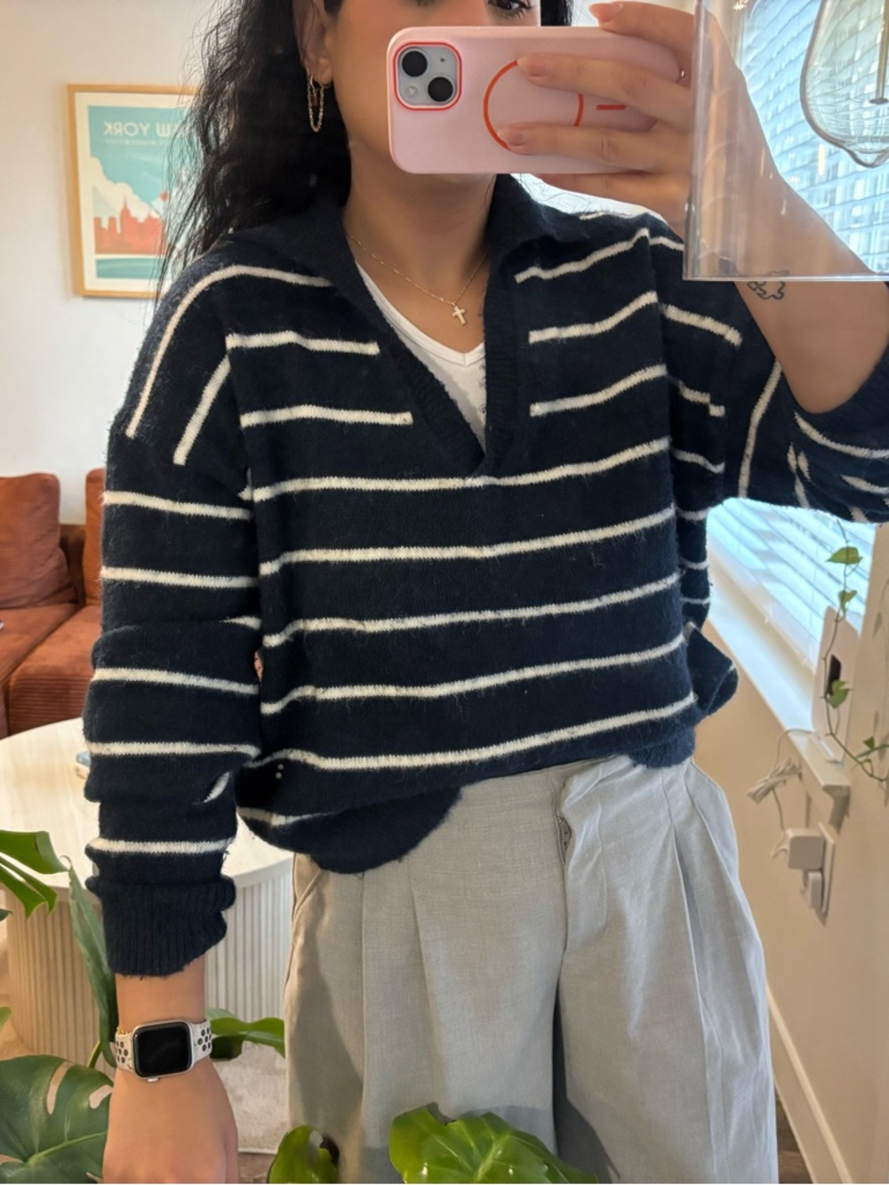 Striped Navy and White V-Neck Pullover Sweater - Women